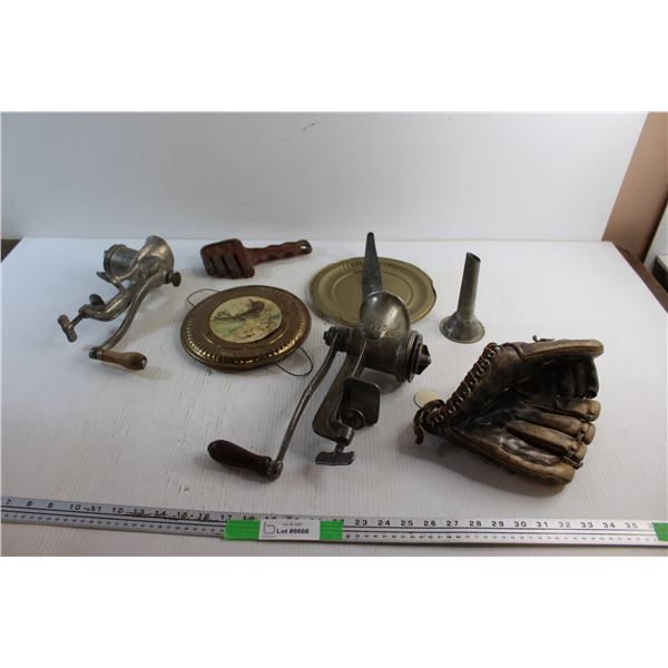 Baseball Glove, Meat Grinders, Funnel, Chimney Cap, Wall Brass Decor and Blade Straightener