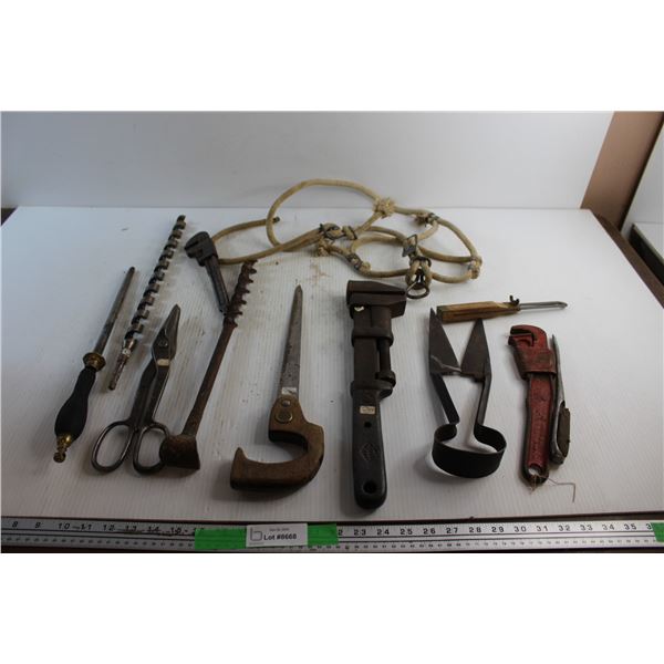 Adjustable Wrenches, Sheep Shears, Hand Saw, Screwdriver and Misc.