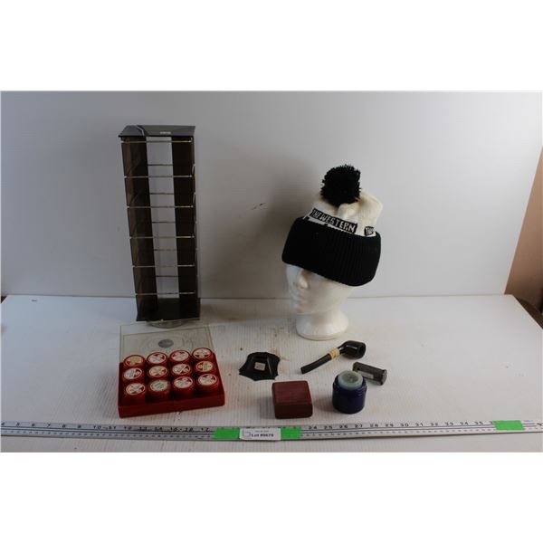 Winter Woven Toque, Vintage Movie Tapes, Tobacco Pipe, Candle Holder, Jewelry Box and Misc.