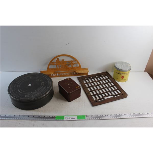 Wooden The Ploughman Wall Decor, Kodak Film Reel, Tobacco Tin and Cast Iron Floor Grate