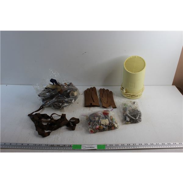 Suspenders, Faux Leather Gloves, Jewelry and Philips Fan - As Is