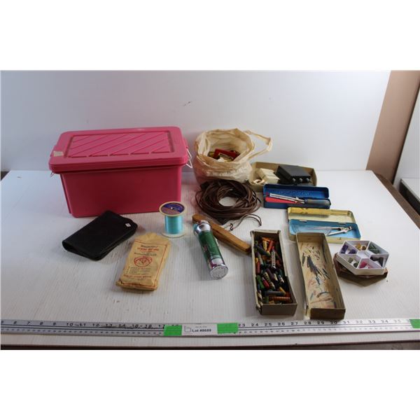 Small Rubbermaid Tote with Lid, Vintage Matches, Flashlight, Crayons, Power Cord, Mathematical Instr