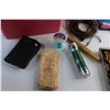 Image 6 : Small Rubbermaid Tote with Lid, Vintage Matches, Flashlight, Crayons, Power Cord, Mathematical Instr