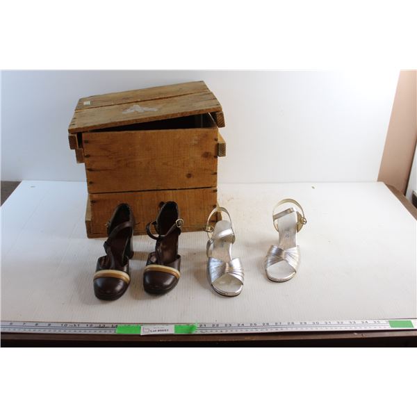 Vintage Wooden Crate with Lid and (2) Pairs of Ladies Heels - Size 6