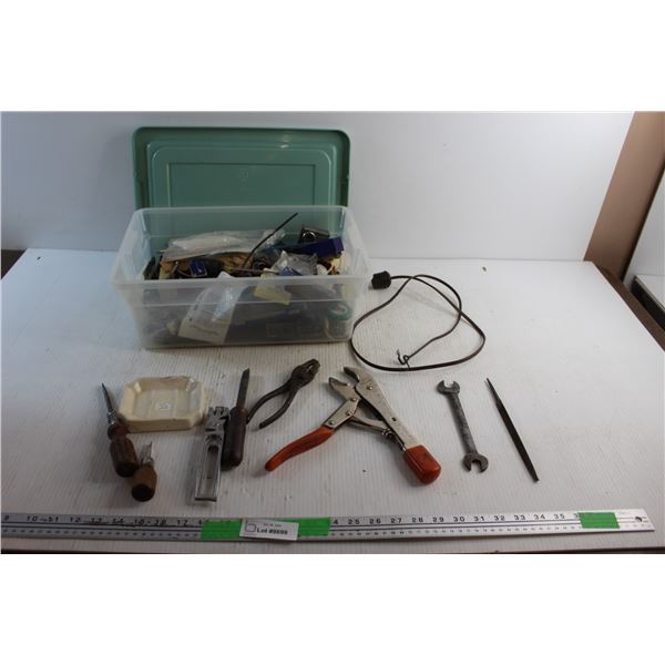 Pliers, Drill Bits, Screwdrivers, Wrenches, Metal Files, Soap Dish, Plastic Container with Lid and A