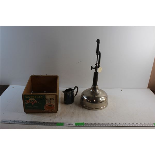 Vintage Wooden Crate, Silver Creamer and Vintage Gas Lantern