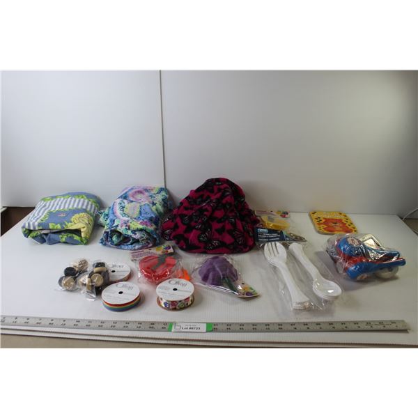 *Baby Toys, Scrub Top, Plastic Utensils, Ribbon, (2) Pillowcases, Sweater, Misc.