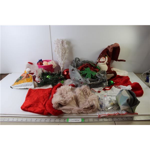 Christmas Lot- (4) Stockings, Tree Ornaments, Baby Items, Misc.