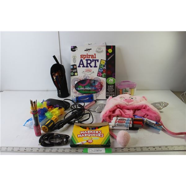 Sewing Kit, Spiral Art, Pencils, Markers, Screwdriver, Misc.