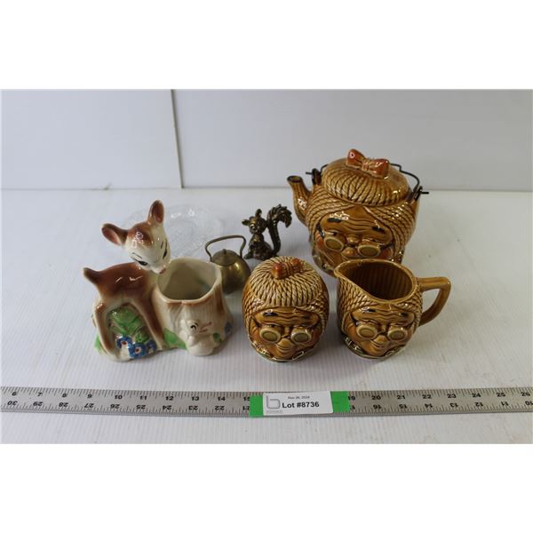 Household Lot- Ceramic Set, Brass, Glass Tray