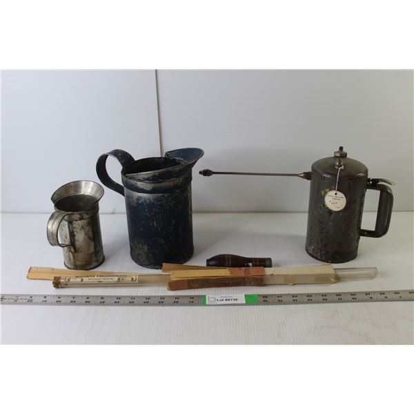 Vintage Lot- (2) Watering Cans, Glass Tube, Pressure Sprayer