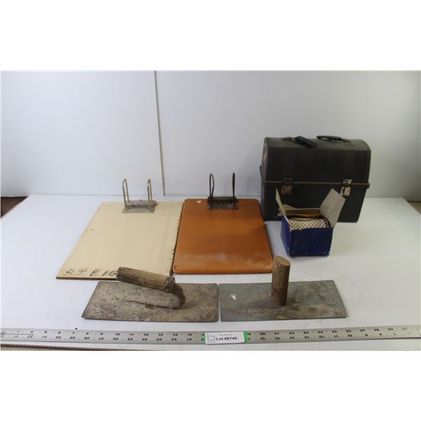 *Vintage Lot- Lunch Box, (2) Clipboards, (2) Trowels, Filter