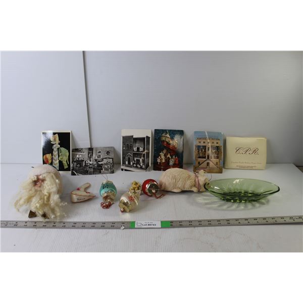 (5) Vintage Postcards, Christmas Ornaments, Glass Dish, Misc.