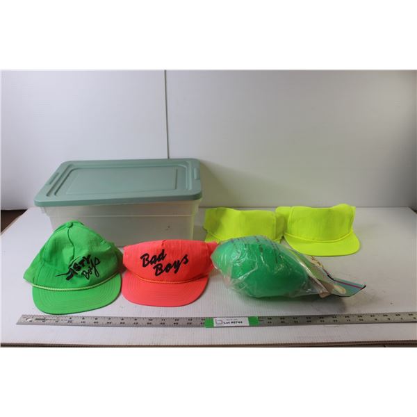 (4) Neon Hats, Plastic Football, Plastic Tub
