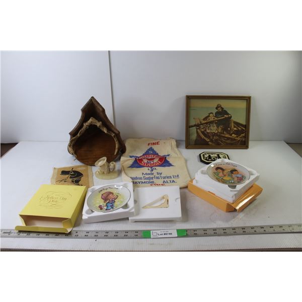 Vintage Lot- Painting, Antler Decor, (2) Painted Plates, Misc.