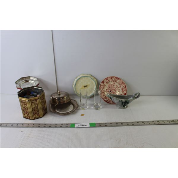 Vintage Lot- Buttons, (2) Plates, Misc.