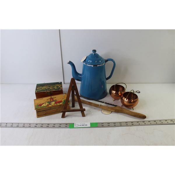 Enamel Teapot, (2) Copper Pots, Decorative Boxes, Misc.
