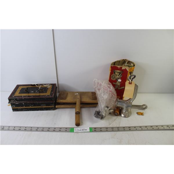 Vintage Lot- Cashbox, Wool Carders, Mincer