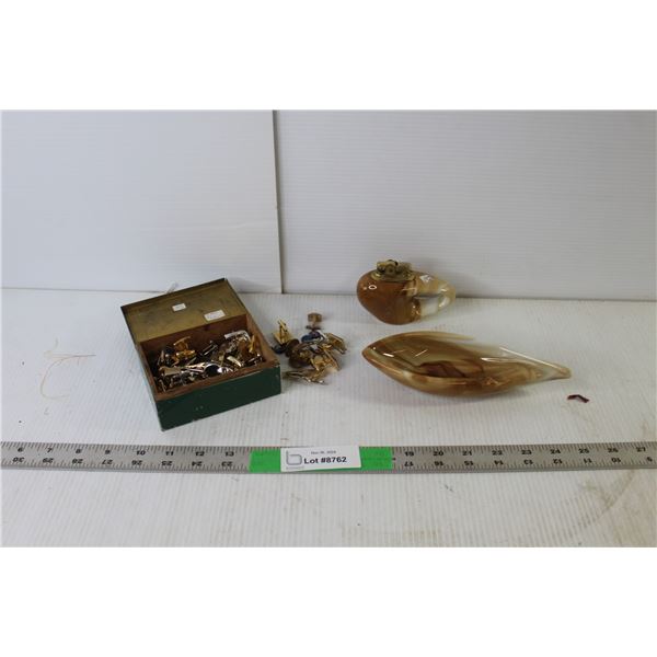 Box of Cuff Links and Misc., Matching Vintage Table Lighter and Ashtray