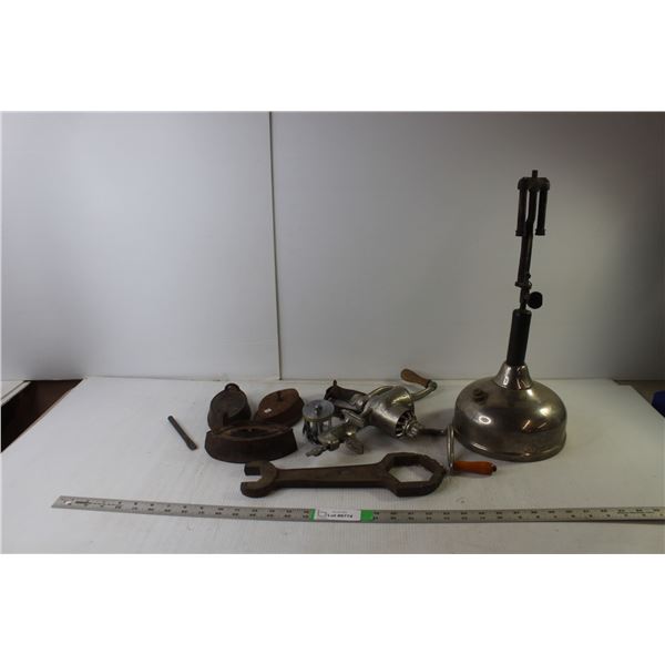 Vintage Lot- (3) Sad Irons, Spud Wrench, Meat Grinder, Kerosene Lamp