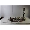 Image 1 : Vintage Lot- (3) Sad Irons, Spud Wrench, Meat Grinder, Kerosene Lamp