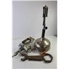 Image 3 : Vintage Lot- (3) Sad Irons, Spud Wrench, Meat Grinder, Kerosene Lamp