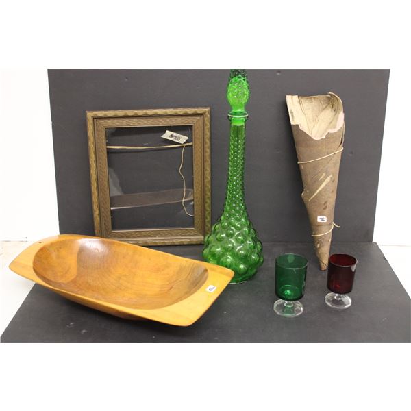 Glass Vase 20" Tall, Wood Tray 16." Long, Misc.