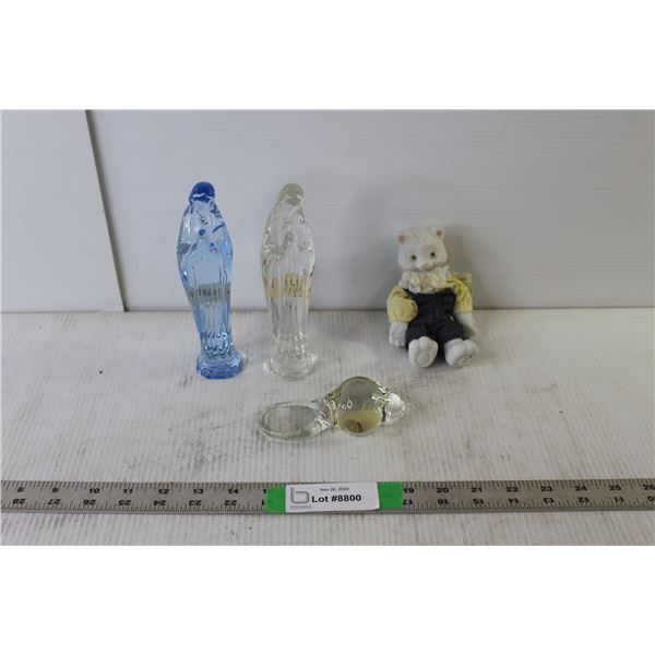 3 Glass Figurines, Ceramic Cat