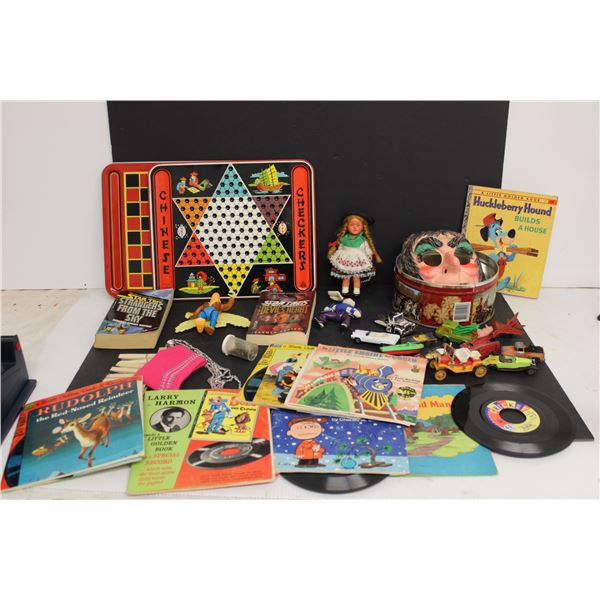 Kids Lot- (5) Books, Cars, (6) 45s, Misc.