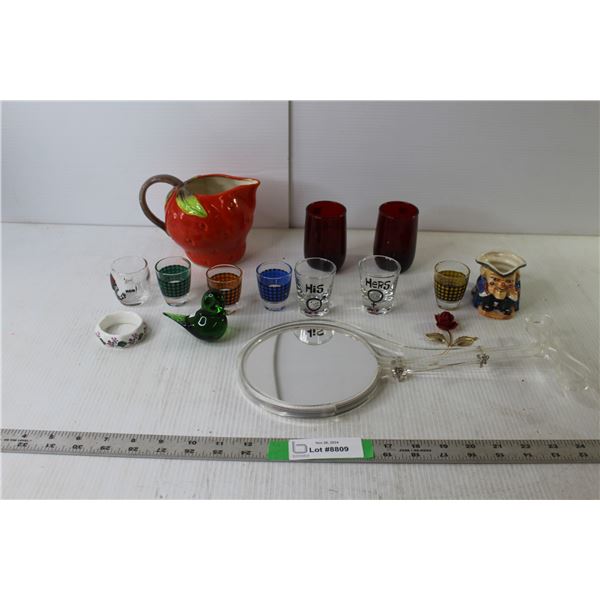 Household Items- (7) Shot Glasses, Hanging Mirror, Misc.