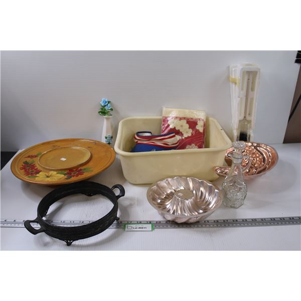 Wood Serving Tray, (2) Cake Pans, Glass Vinegar/Oil Decanter, Vintage Visor, Blue Rose Vase, Misc.