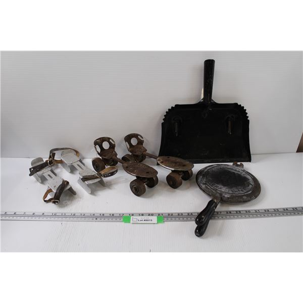 Vintage Roller Skates (Metal, Some Wear), Vintage Skates, Cast Waffle Maker (Some Wear), Dust Pan