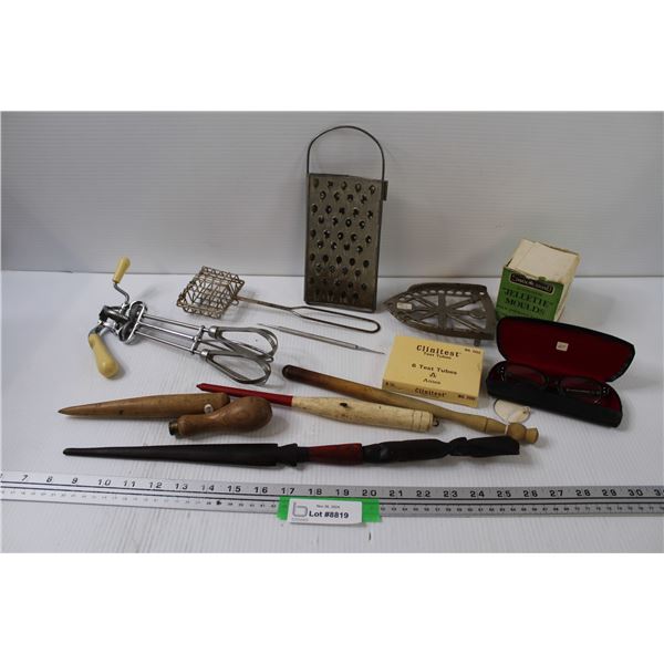 Vintage Kitchen Utensils (Assorted), Reading Glasses, Sat Iron Trivet, Misc.