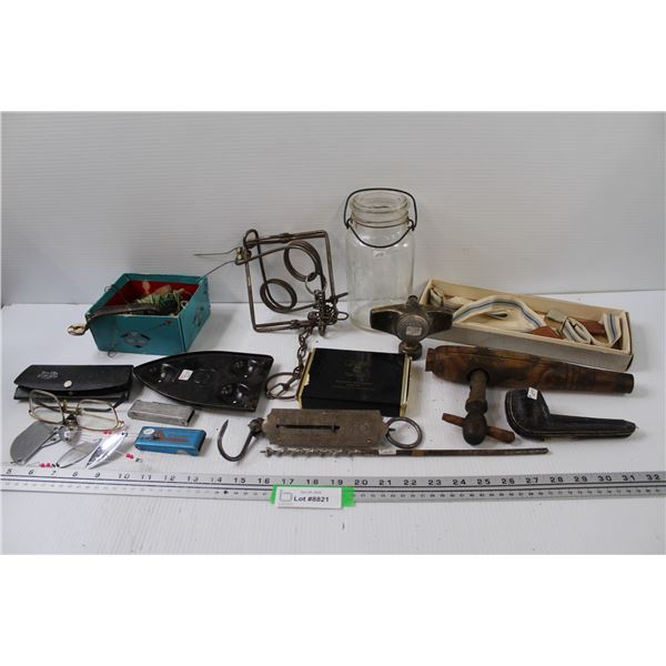 Iron Trivet, Animal Trap, Glasses, Vintage Gentleman's Sock Straps, Misc.