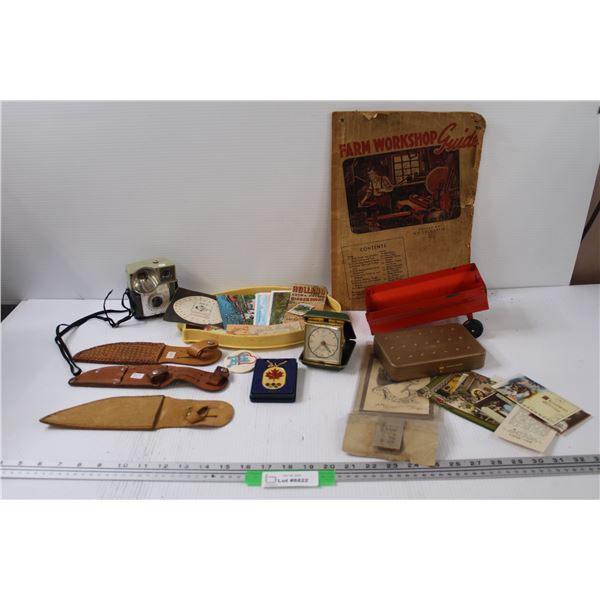 (3) Leather Knife Sheaths, Farm Workshop Guide, Olympics Necklace , End Table Clock, Misc.