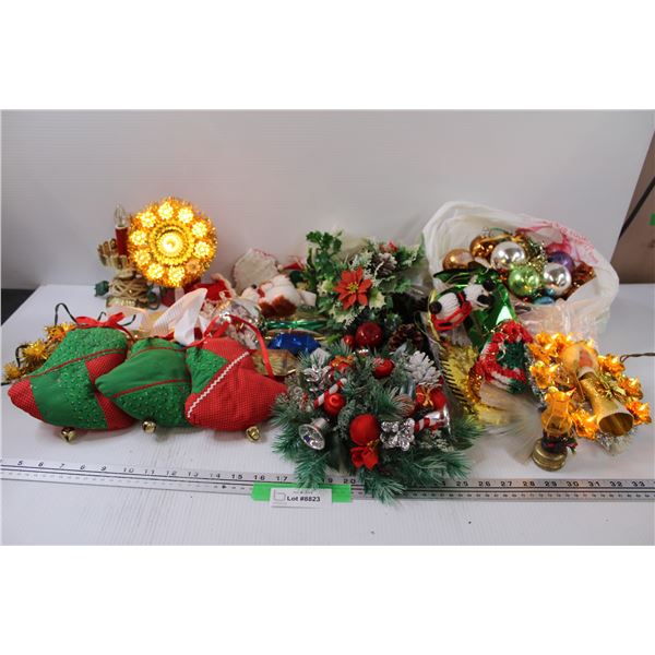 Christmas Lot: Tree Toppers, Glass Ornament Balls, Bell Decor, Assorted Decor