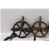 Image 2 : (3) Metal Pulleys, (2) Vintage Rake Heads, Saw, Crank Handle