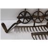 Image 3 : (3) Metal Pulleys, (2) Vintage Rake Heads, Saw, Crank Handle