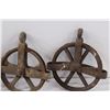 Image 5 : (3) Metal Pulleys, (2) Vintage Rake Heads, Saw, Crank Handle