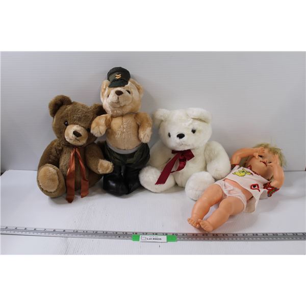 (3) Teddy Bears & Baby Doll