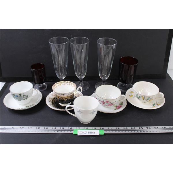 (4) Tea Cup Sets, (3) Clear Glass Liquor Glasses, (2) Red Glasses
