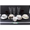Image 1 : (4) Tea Cup Sets, (3) Clear Glass Liquor Glasses, (2) Red Glasses