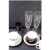 Image 2 : (4) Tea Cup Sets, (3) Clear Glass Liquor Glasses, (2) Red Glasses
