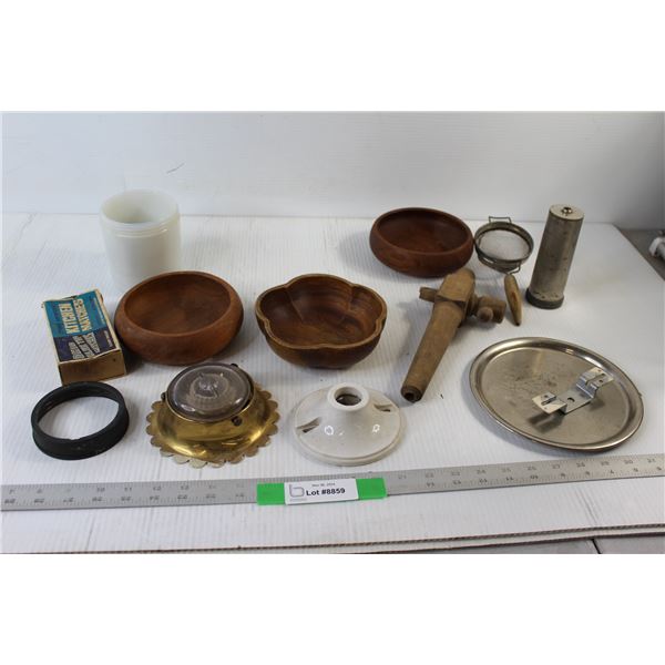 (3) Wooden Bowls, Keg Tap, Match Box