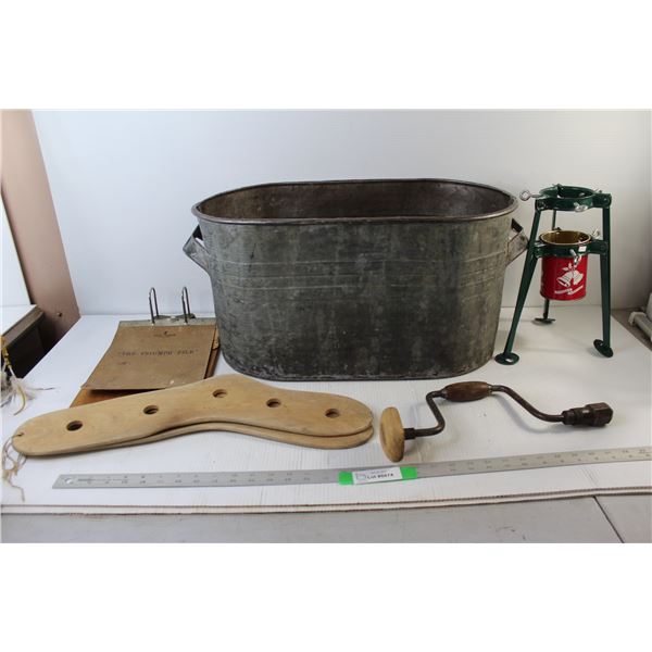 Galvanized Boiler, Carpenters Brace, Clipboard, Tree Stand