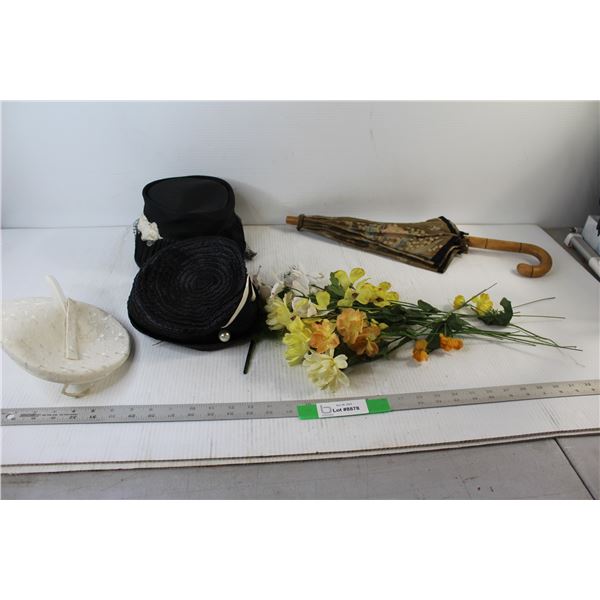 Artificial Flowers, Umbrella, (3) Vintage Ladies Hats