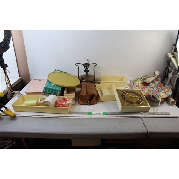 Trays, Clock - As Is, Bag, Oil Lamp, Misc.