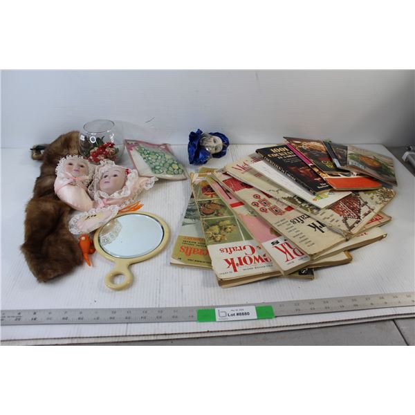 Assorted Books and Magazines, Mirror, Vase, Doll Heads, Misc.