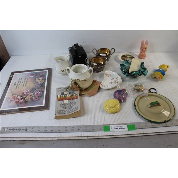 Headaches Book, (2) Trays, (2) Cream and Sugar, Costume Jewelry