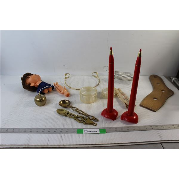 (2) Butane Candles, Metal Dog, (2) Dolls, (2) Brass Spoons,